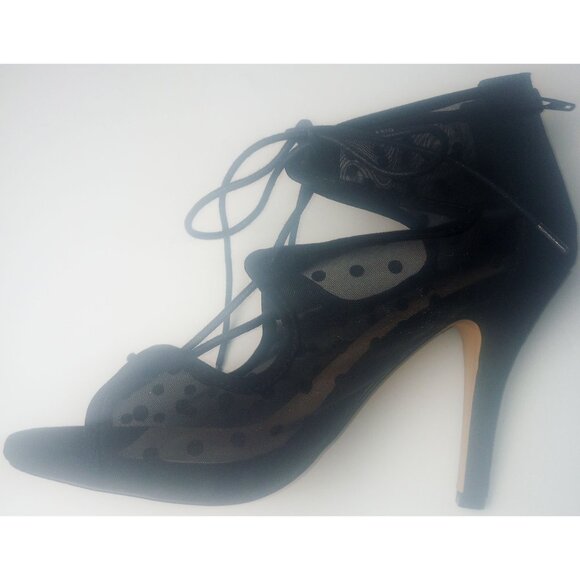 Torrid Black Polka Dot Mesh Lace Up Tie Zipper Stiletto Heels Size 9W - Picture 8 of 12